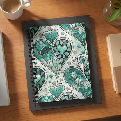 Spiral-bound journal with teal and gray stained-glass heart pattern cover.