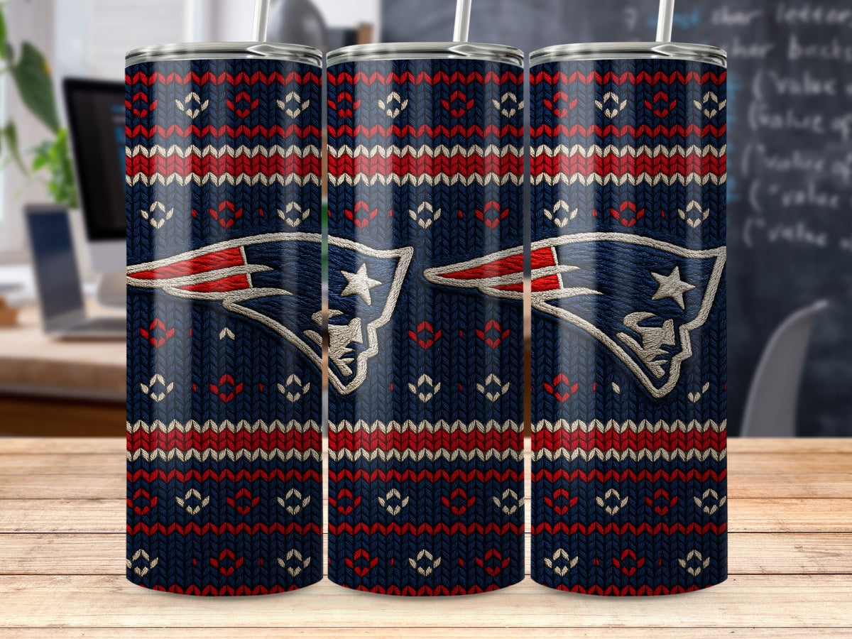 New England Patriots tumbler with navy, red, and white knit pattern and logo.