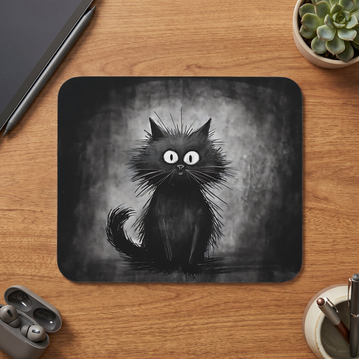 Black mouse pad featuring a whimsical, fluffy black cat illustration resting on a wooden desk.