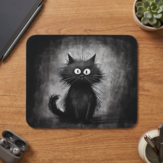 Black mouse pad featuring a whimsical, fluffy black cat illustration resting on a wooden desk.