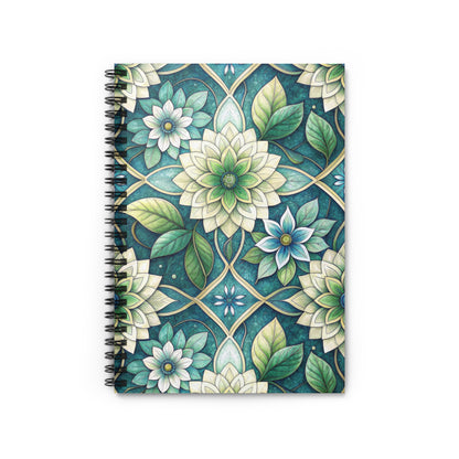 Spiral bound notebook with a teal floral and leaf patterned cover.