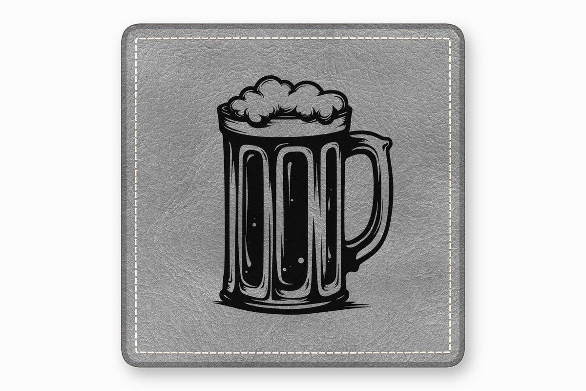 A square gray leather coaster features a black-and-white illustration of a foamy beer mug.