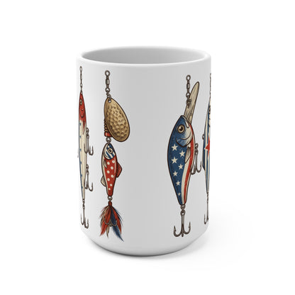 White mug with a repeating pattern of patriotic fishing lures and spinners.