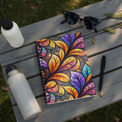 Notebook with stained glass leaf pattern on a wooden table with bottles and sunglasses.
