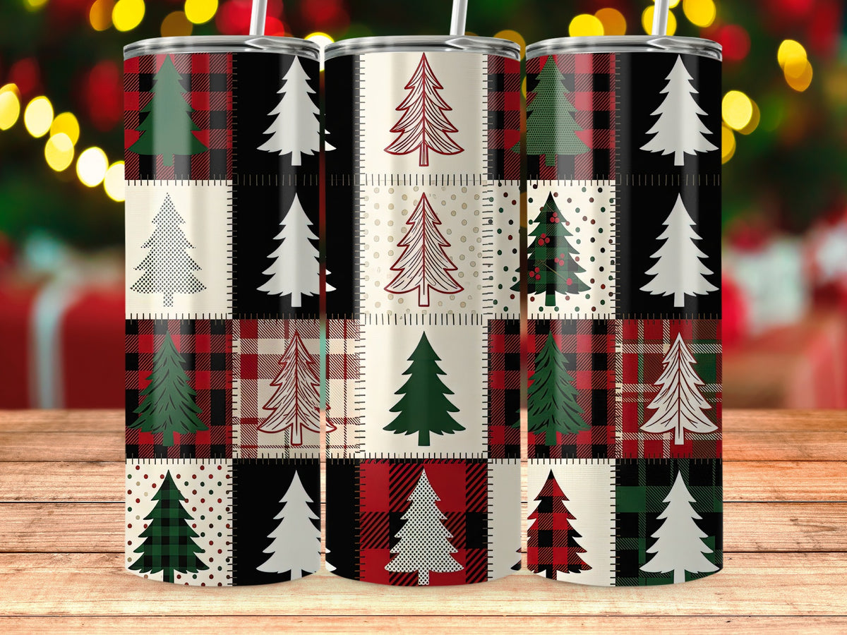 Three tumblers with a patchwork design of Christmas trees and buffalo plaid patterns.