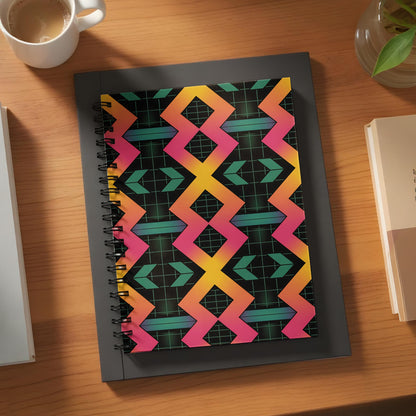 Spiral bound notebook with a zig-zag gradient pattern and teal grid on a wooden desk.