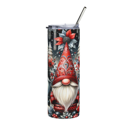 Tumbler with a festive gnome and poinsettia Christmas design.