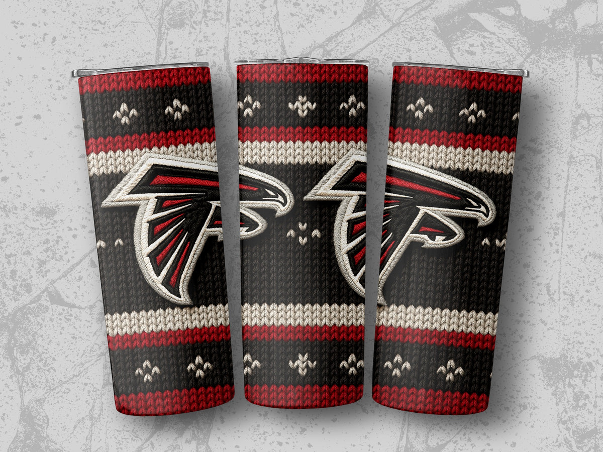 Three tumblers with a knitted pattern and Atlanta Falcons logo.