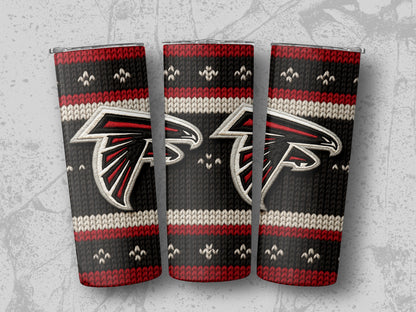 Three tumblers with a knitted pattern and Atlanta Falcons logo.