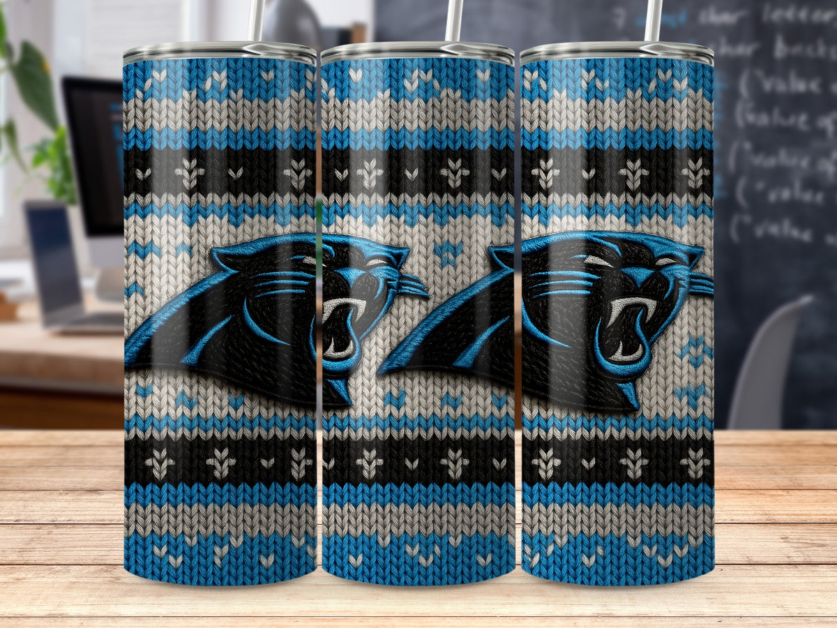 Carolina Panthers logo on a blue, white, and black knitted tumbler.