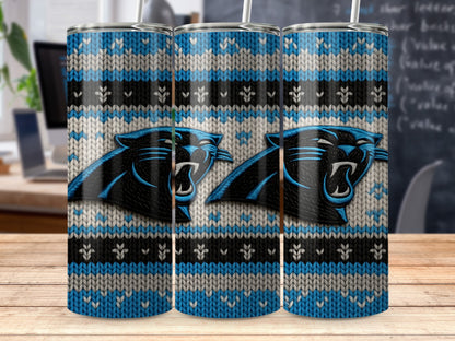 Carolina Panthers logo on a blue, white, and black knitted tumbler.