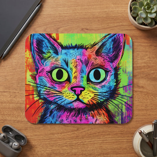 A rectangular mouse pad with a vibrant, colorful abstract cat illustration sits on a wooden desk.
