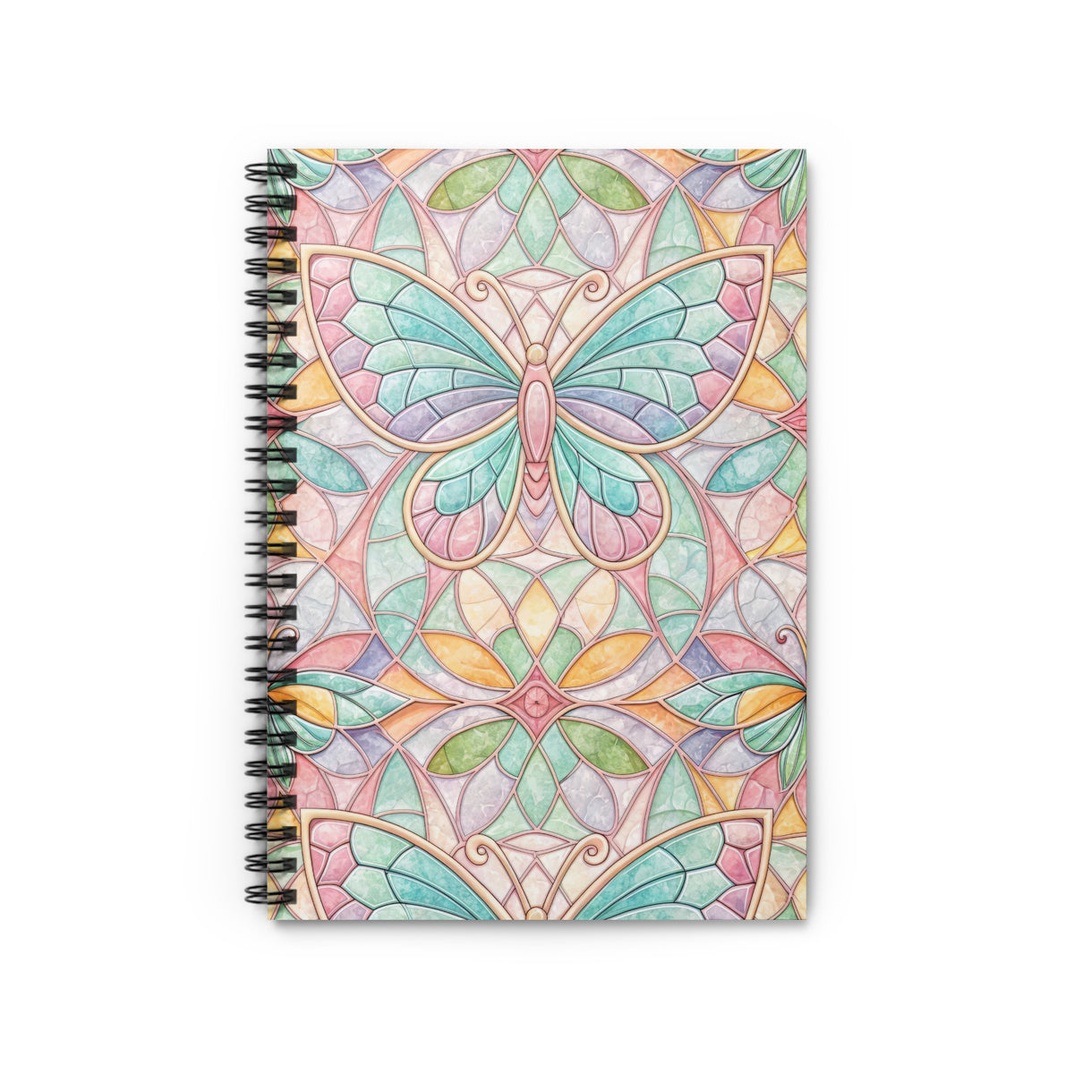 Spiral notebook with stained glass butterfly and floral pattern in pastel colors.