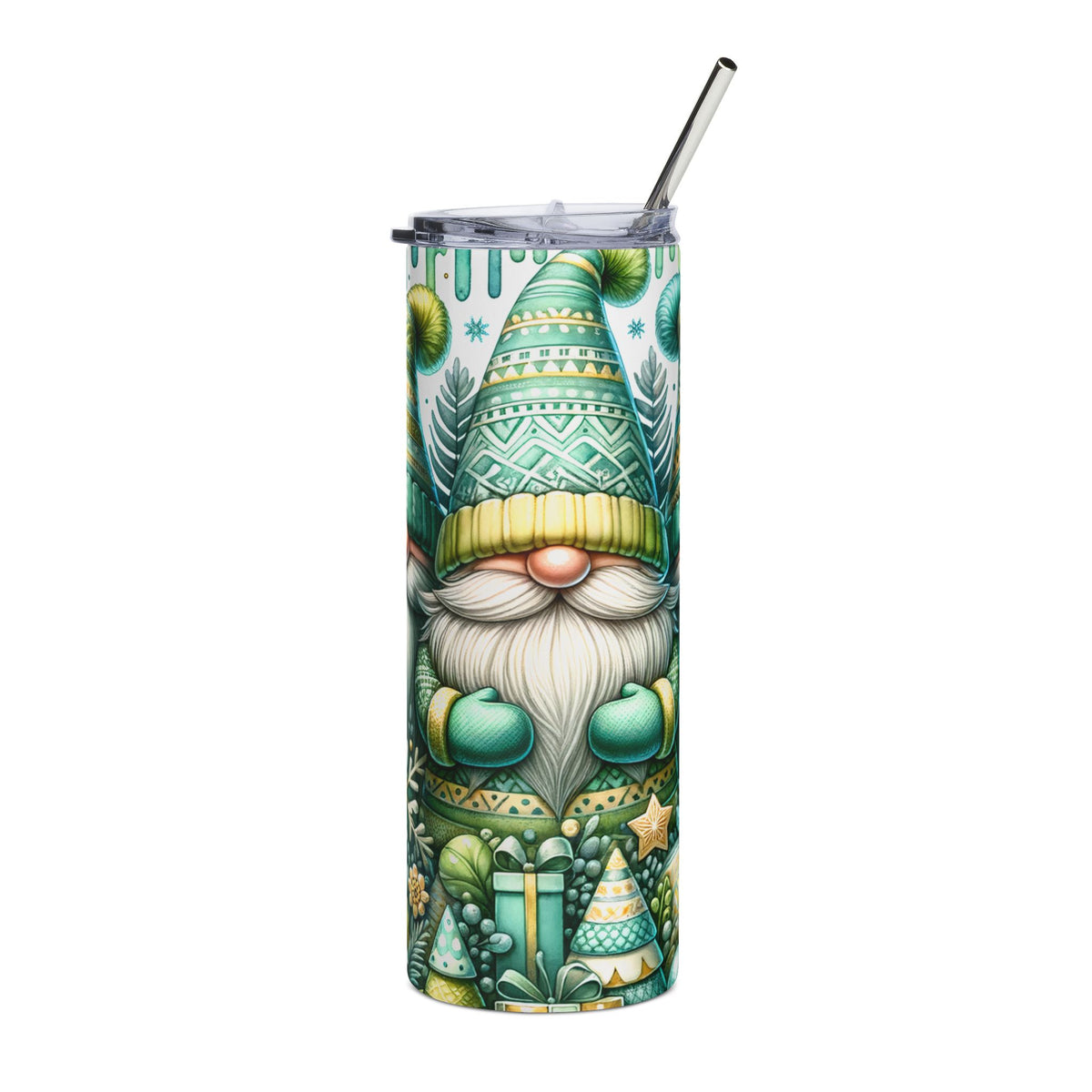 Tumbler with a green gnome and festive Christmas woodland pattern.
