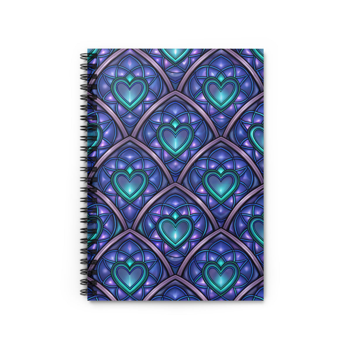 Spiral-bound notebook with a purple and teal stained glass heart pattern cover.