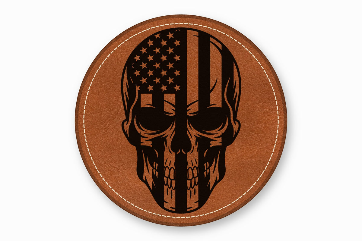 Round brown leather patch featuring a black laser-engraved skull with an American flag design.