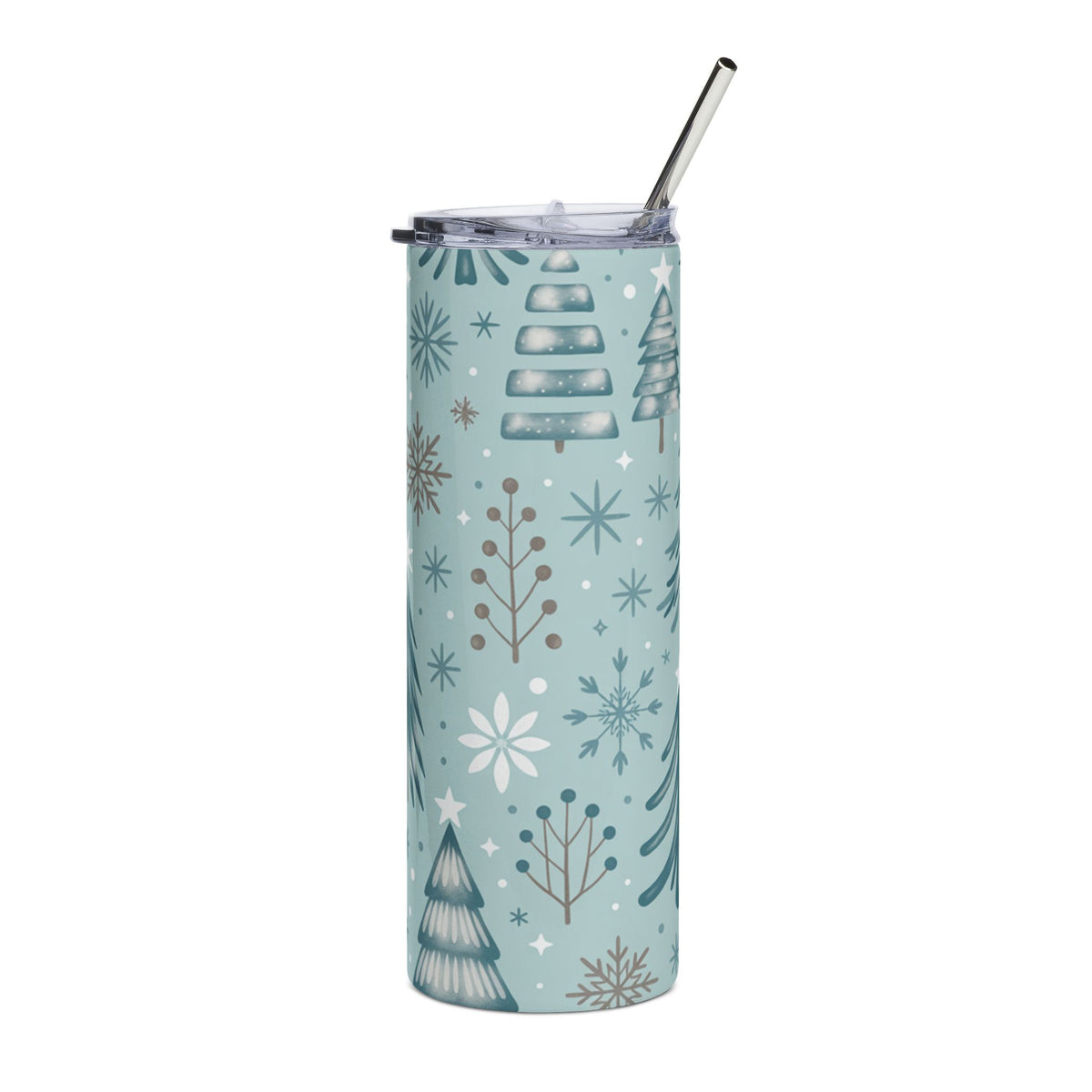 Light blue tumbler with winter tree and snowflake pattern, silver straw.