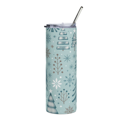 Light blue tumbler with winter tree and snowflake pattern, silver straw.