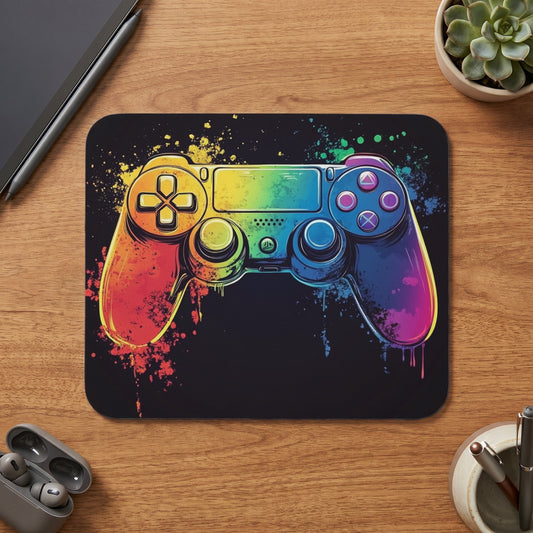 Gaming controller with rainbow watercolor splatter design on a black surface.