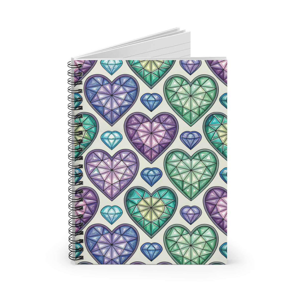 Notebook with a repeating pattern of colorful heart-shaped gemstones.