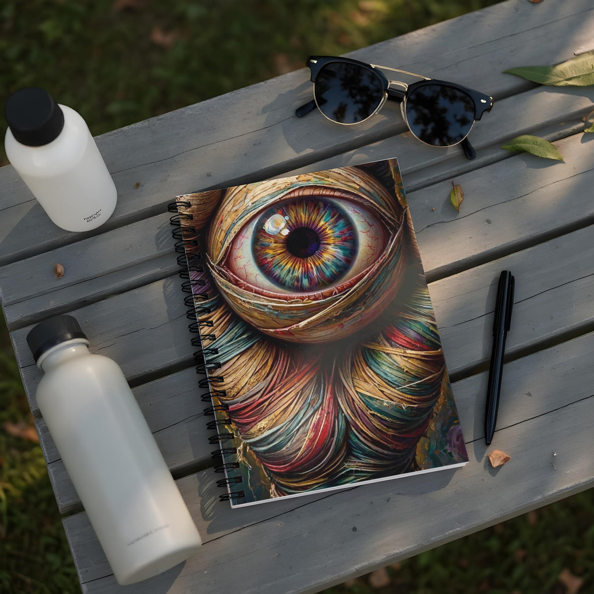 Notebook with a detailed, colorful eye design on its cover, placed on a wooden table.