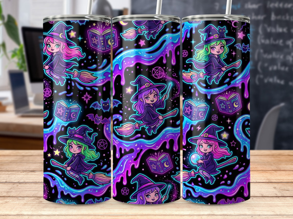 Three tumblers with colorful witch designs on black backgrounds.