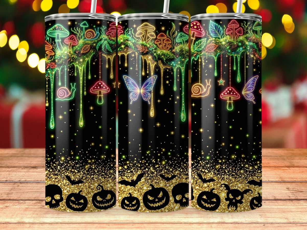 Three tumblers with a black background and a spooky Halloween design.