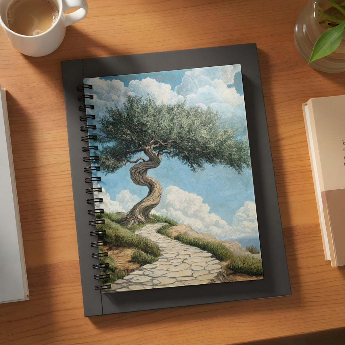 Spiral notebook with a painting of a twisted olive tree on a cliff.