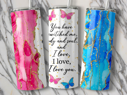 Tumblers with pink, white and blue marble designs, and "I love you" text.