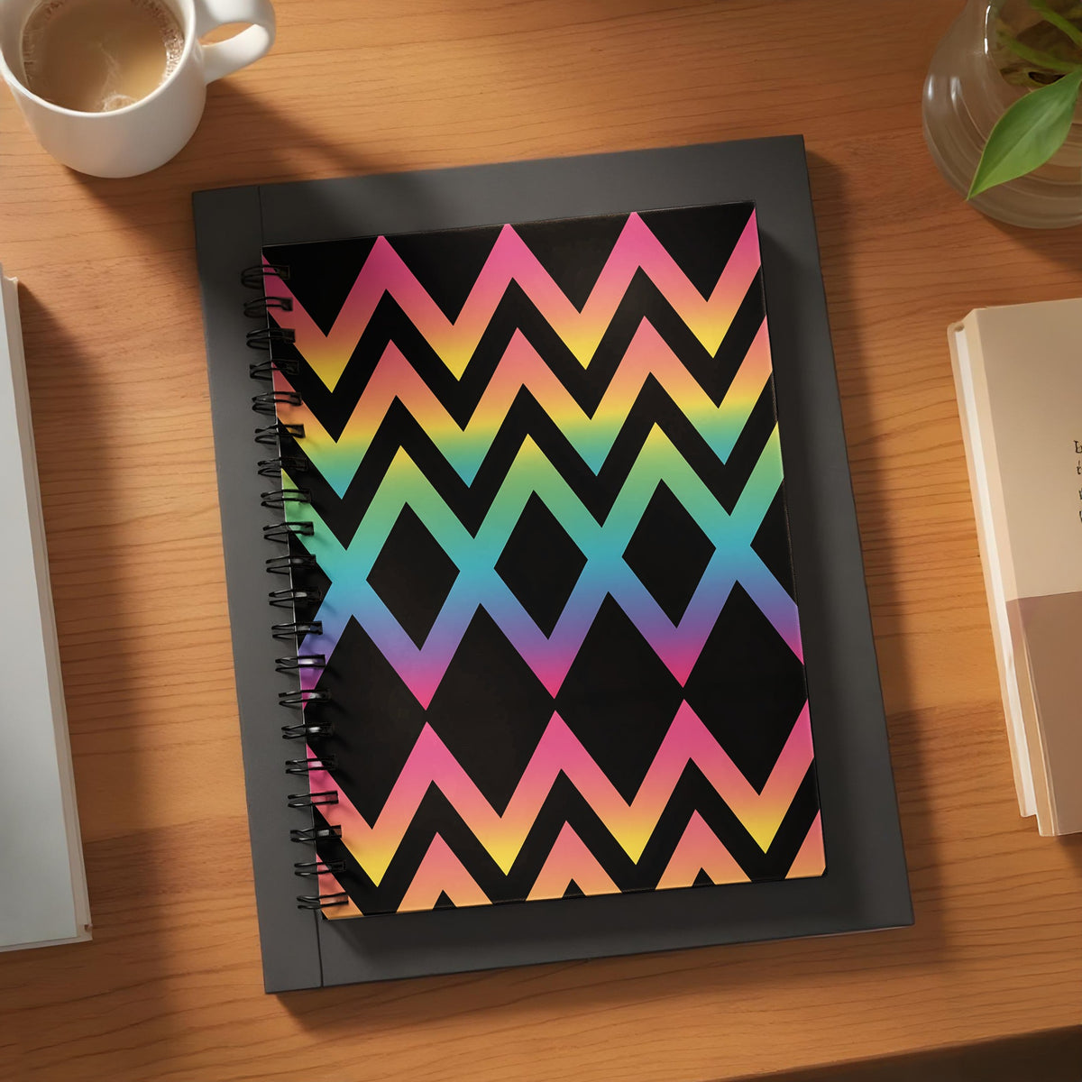 Spiral notebook with black cover featuring a rainbow chevron pattern.