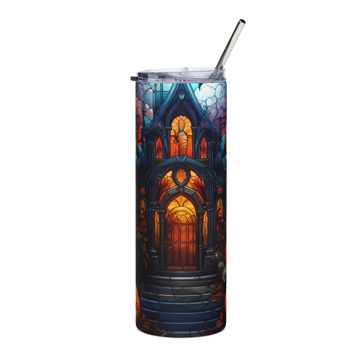 Tumbler with a gothic haunted house stained glass design and a metal straw.