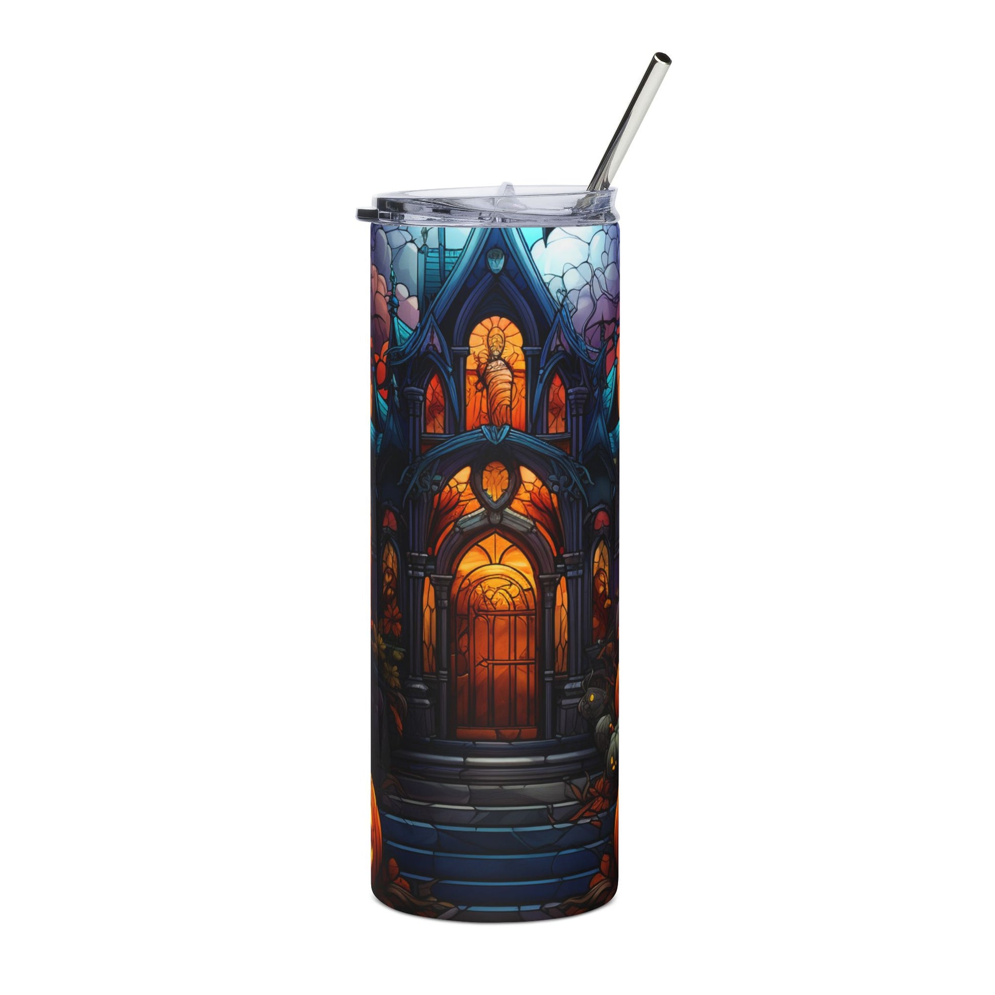 Tumbler with a gothic haunted house stained glass design and a metal straw.