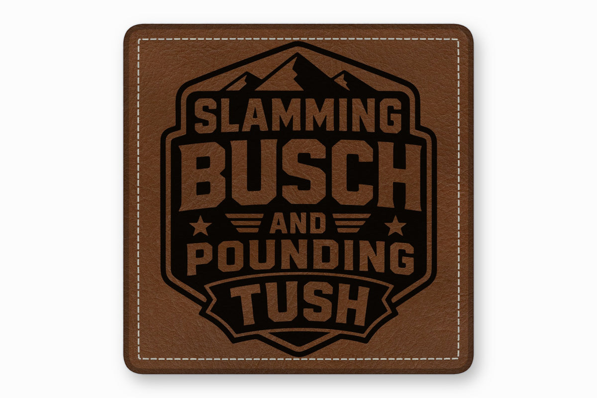 Square brown faux leather patch with white stitched border and black engraved mountain and text design.