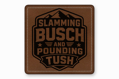 Square brown faux leather patch with white stitched border and black engraved mountain and text design.