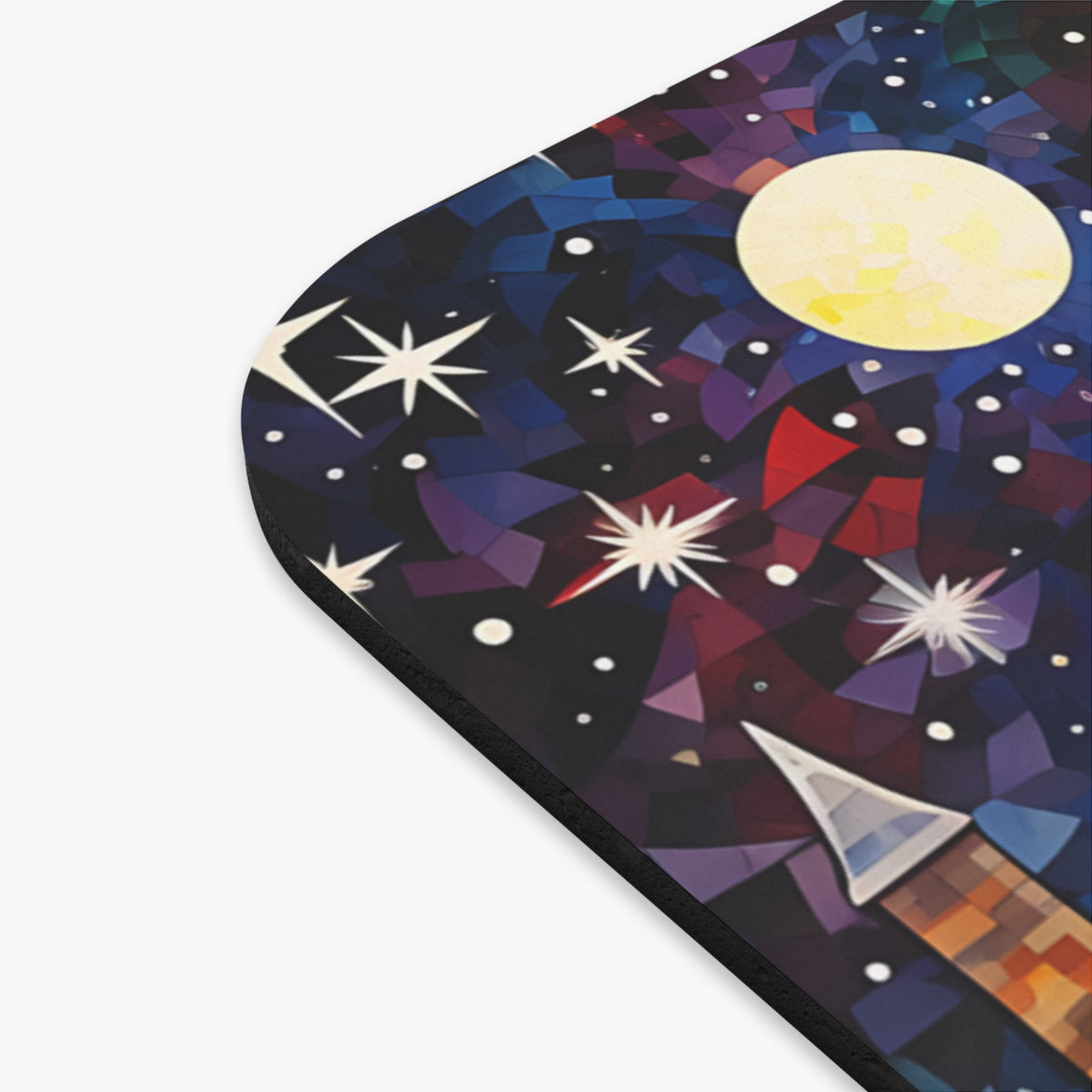 Stylized space scene with a rocket, moon, and stars on a mousepad.