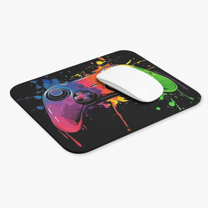 Black mousepad with colorful ink splatters and a game controller design.