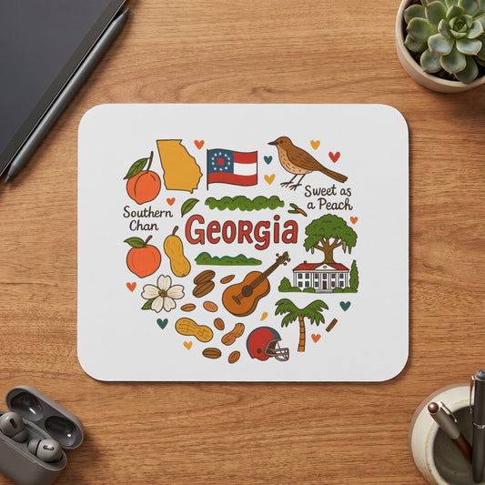 Georgia map, flag, bird, house, and other iconic state elements on a white mat.