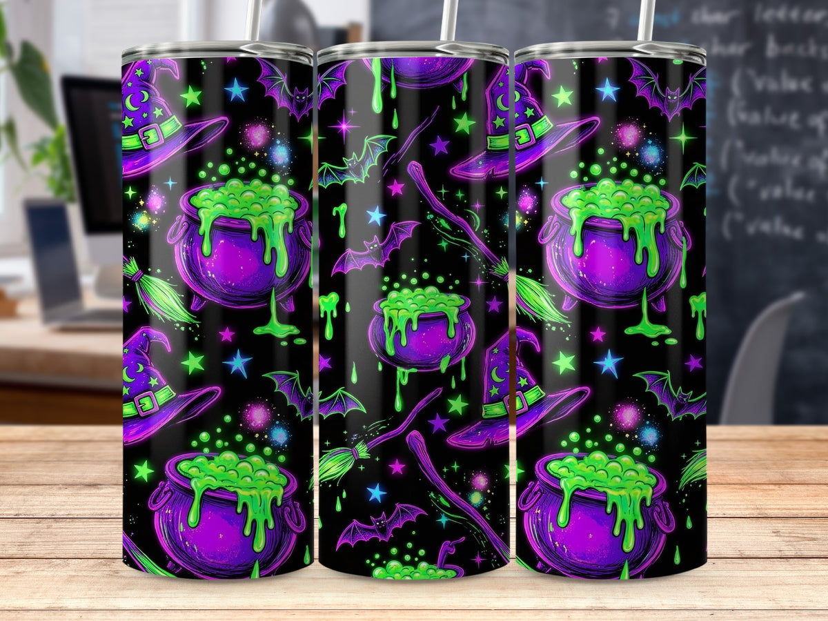 Halloween tumbler with witches' hats, cauldrons, bats, and stars pattern.