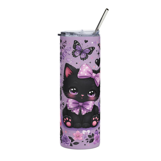Purple tumbler with a black kitten, polka dot bows, butterflies, and floral designs.