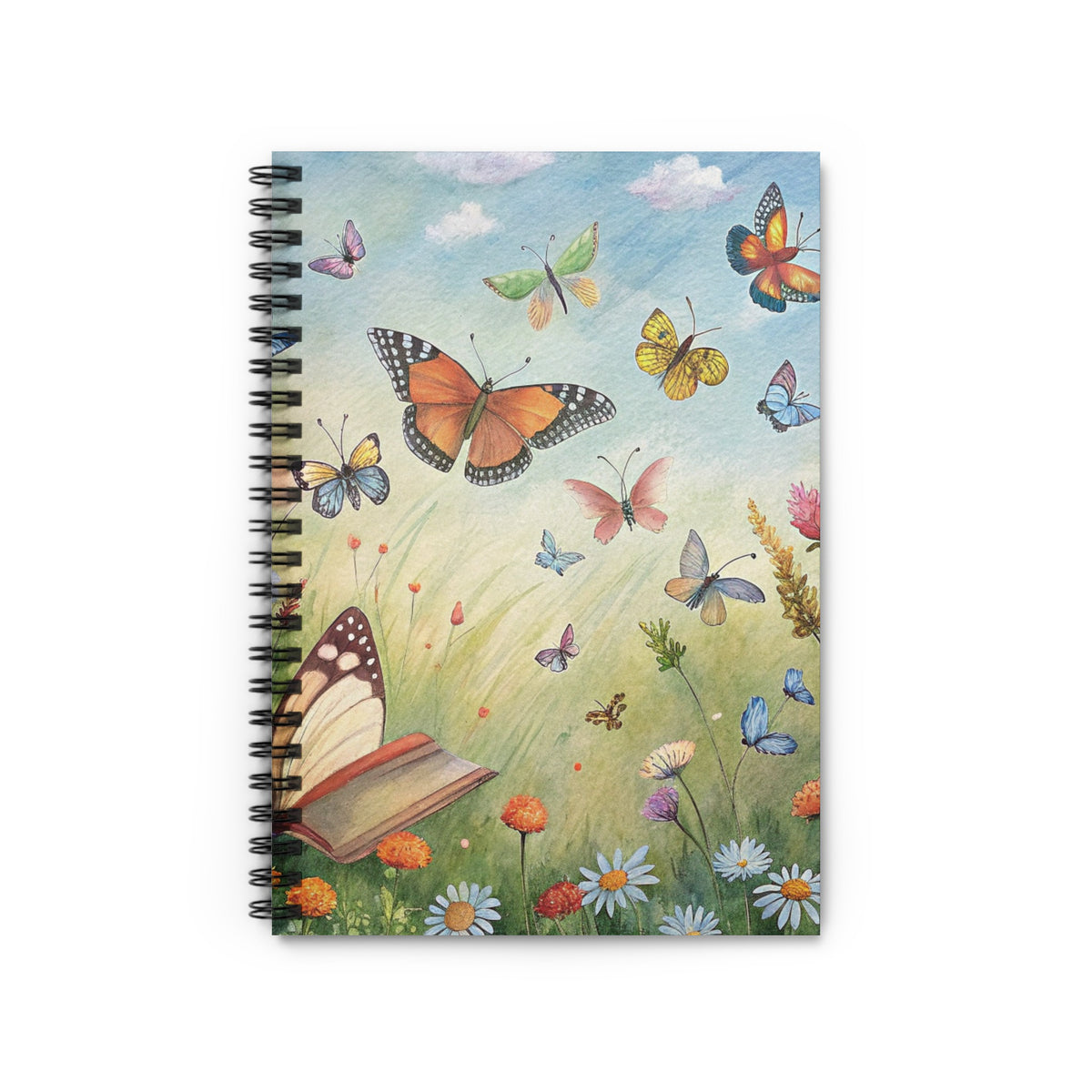 Spiral notebook with watercolor painting of butterflies in a meadow with wildflowers.