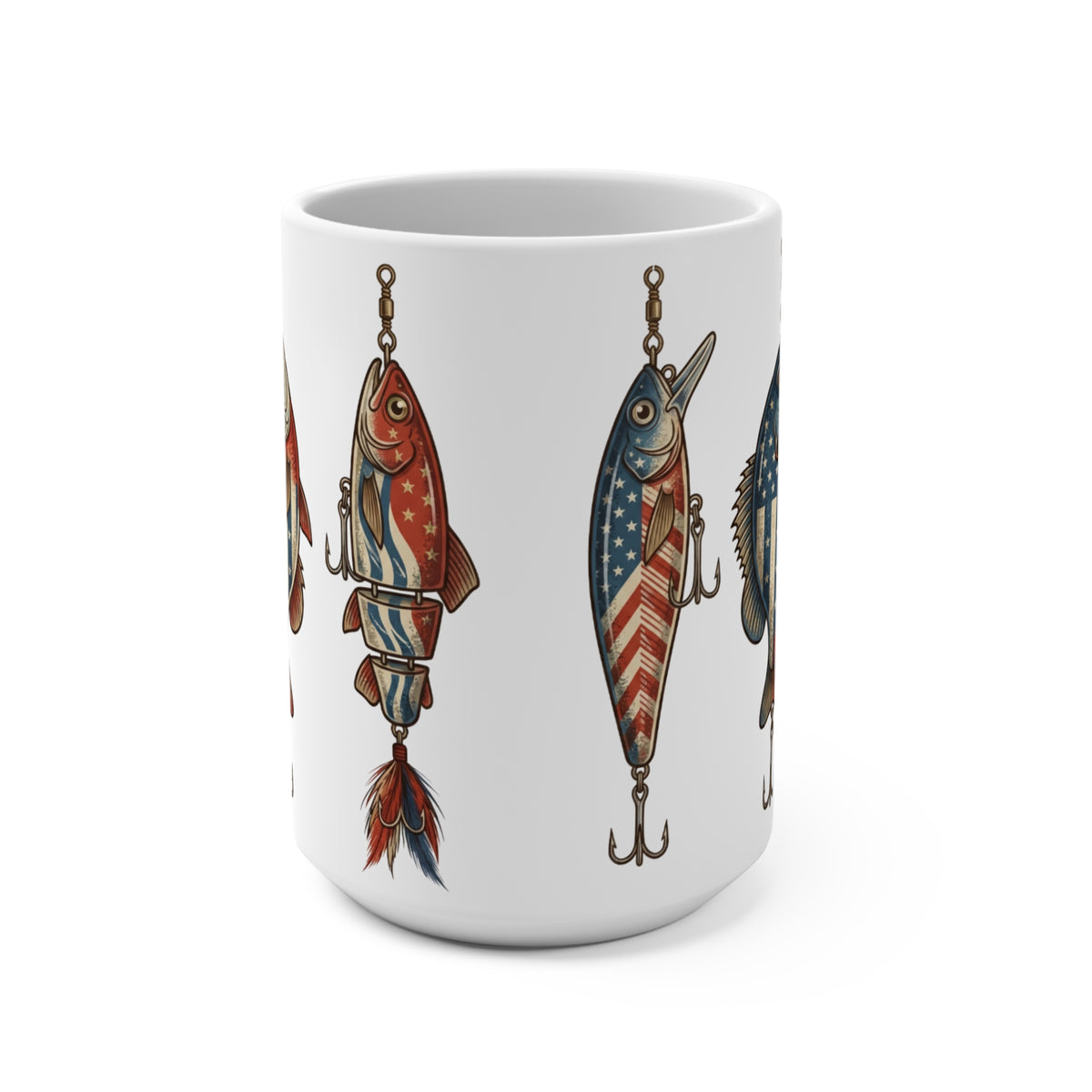 White mug with four fishing lures decorated with American flag designs.