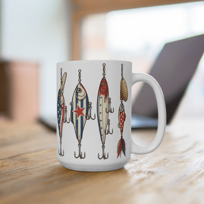 White mug with patriotic fishing lures design: American flag, stars, and stripes.