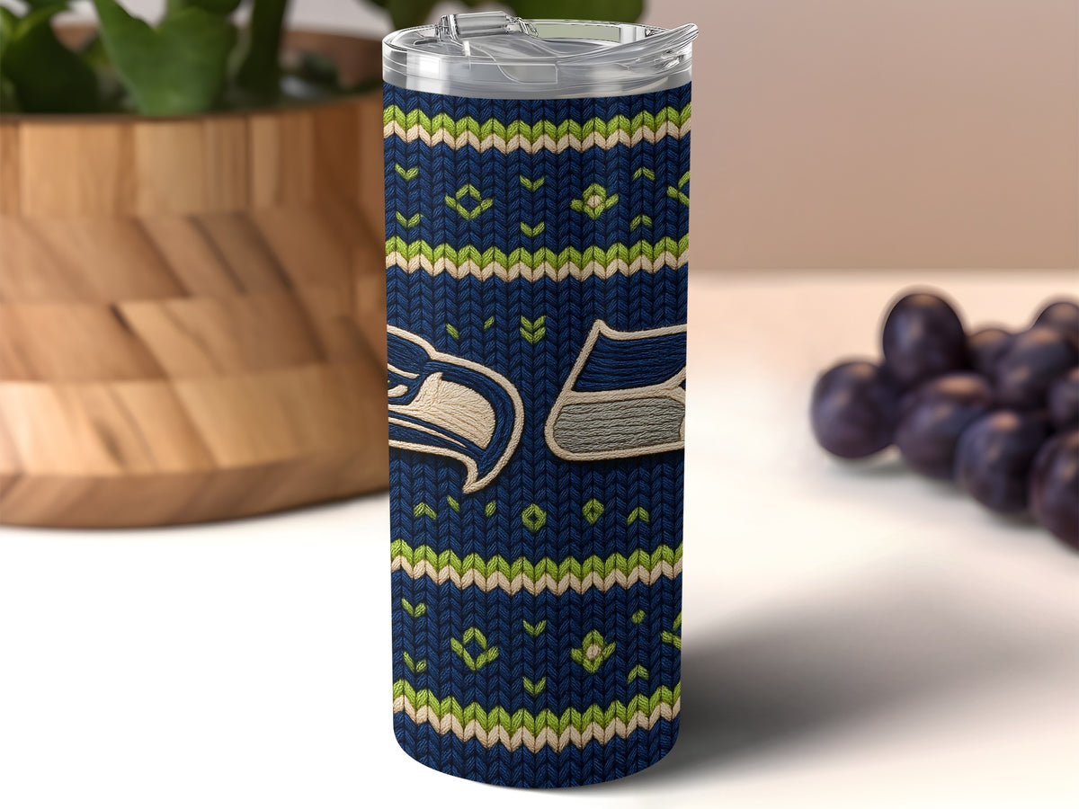 Seattle Seahawks logo on a navy blue knit pattern tumbler.