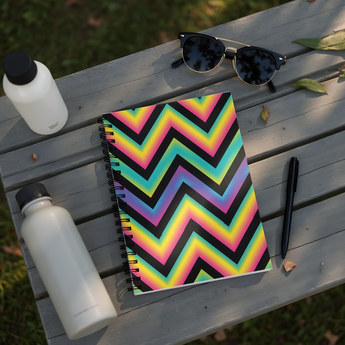 Notebook with rainbow zig-zag pattern, sunglasses, pen, and two water bottles.
