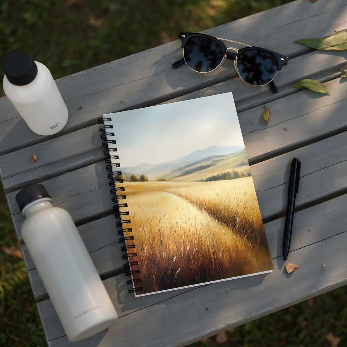 Notebook with golden wheat field painting, sunglasses, pen, and water bottles on bench.
