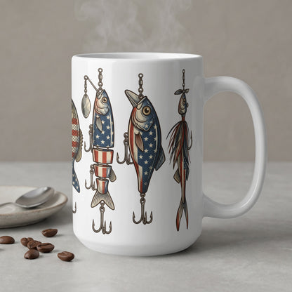 White mug with patriotic fishing lures depicted on the side.