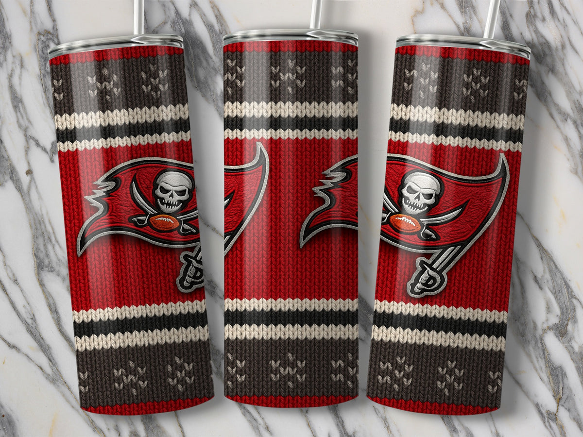 Tampa Bay Buccaneers logo on a red, black, and white knit-patterned tumbler.