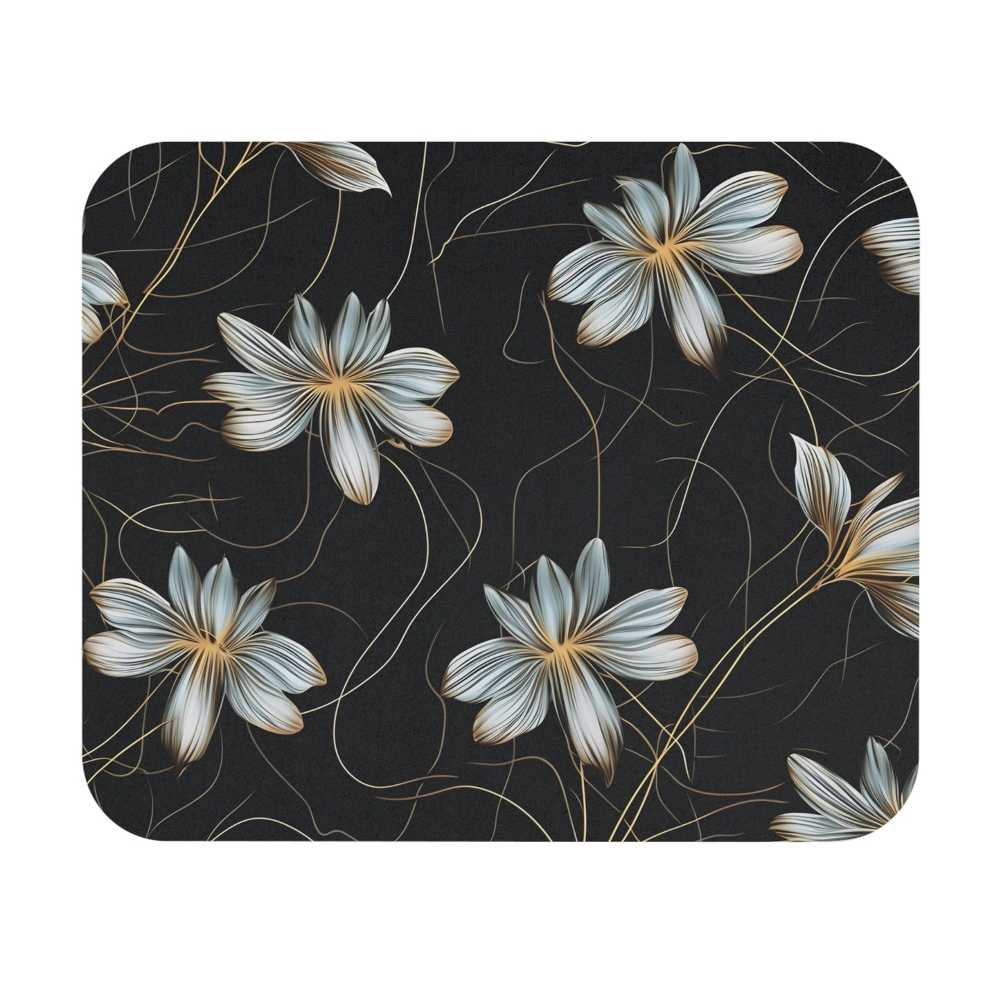 Floral pattern with stylized white and gold flowers on a dark background.