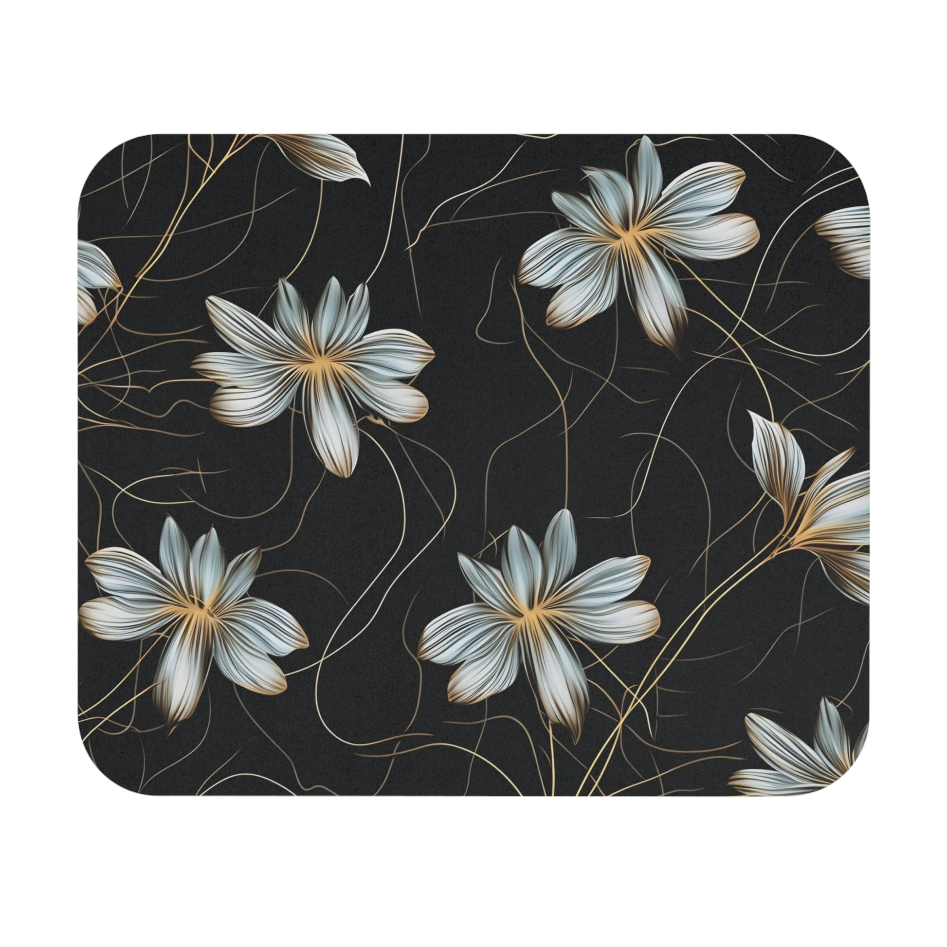 Floral pattern with stylized white and gold flowers on a dark background.