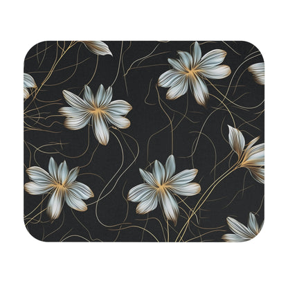 Floral pattern with stylized white and gold flowers on a dark background.